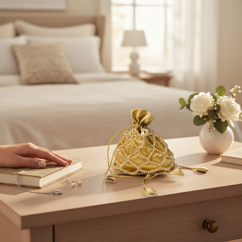 Golden Glow Crystal Potli Bag – Handcrafted Velvet Potli for Women - Prisello