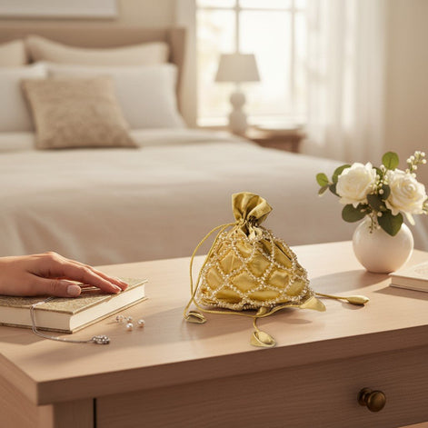 Golden Glow Crystal Potli Bag – Handcrafted Velvet Potli for Women - Prisello