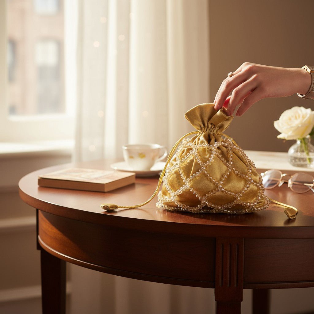 Golden Glow Crystal Potli Bag – Handcrafted Velvet Potli for Women - Prisello