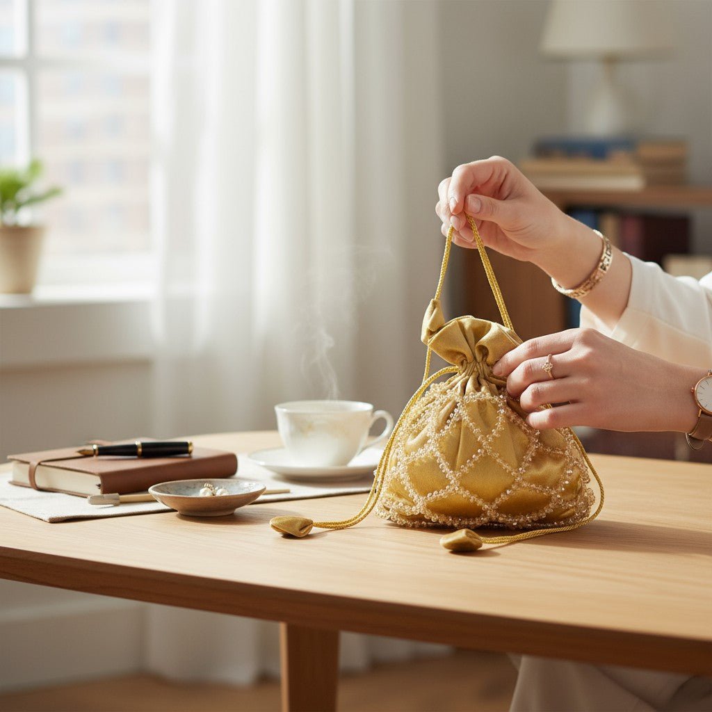 Golden Glow Crystal Potli Bag – Handcrafted Velvet Potli for Women - Prisello