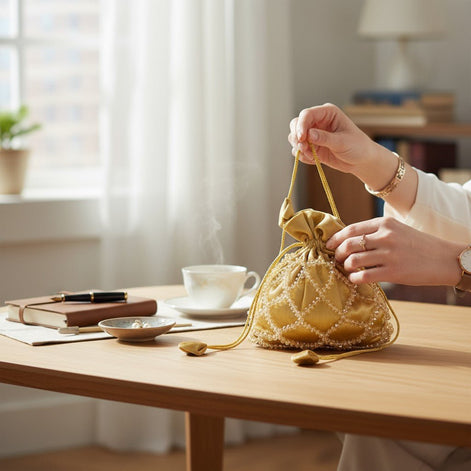 Golden Glow Crystal Potli Bag – Handcrafted Velvet Potli for Women - Prisello