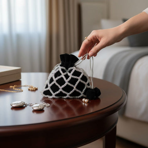 Noir Elegance Crystal Potli Bag – Handcrafted Black Velvet Designer Bag for Women - Prisello