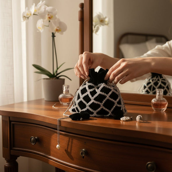 Noir Elegance Crystal Potli Bag – Handcrafted Black Velvet Designer Bag for Women - Prisello