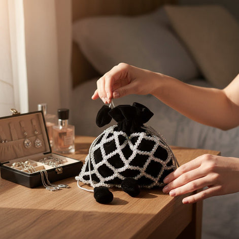 Noir Elegance Crystal Potli Bag – Handcrafted Black Velvet Designer Bag for Women - Prisello