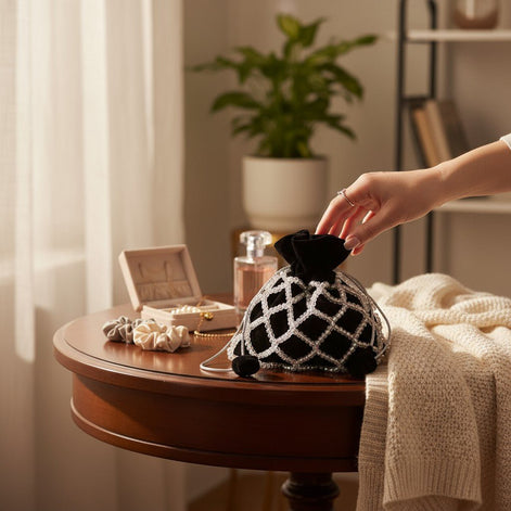 Noir Elegance Crystal Potli Bag – Handcrafted Black Velvet Designer Bag for Women - Prisello