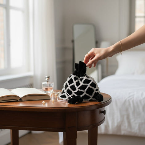 Noir Elegance Crystal Potli Bag – Handcrafted Black Velvet Designer Bag for Women - Prisello