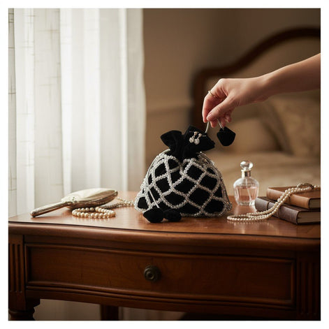 Noir Elegance Crystal Potli Bag – Handcrafted Black Velvet Designer Bag for Women - Prisello