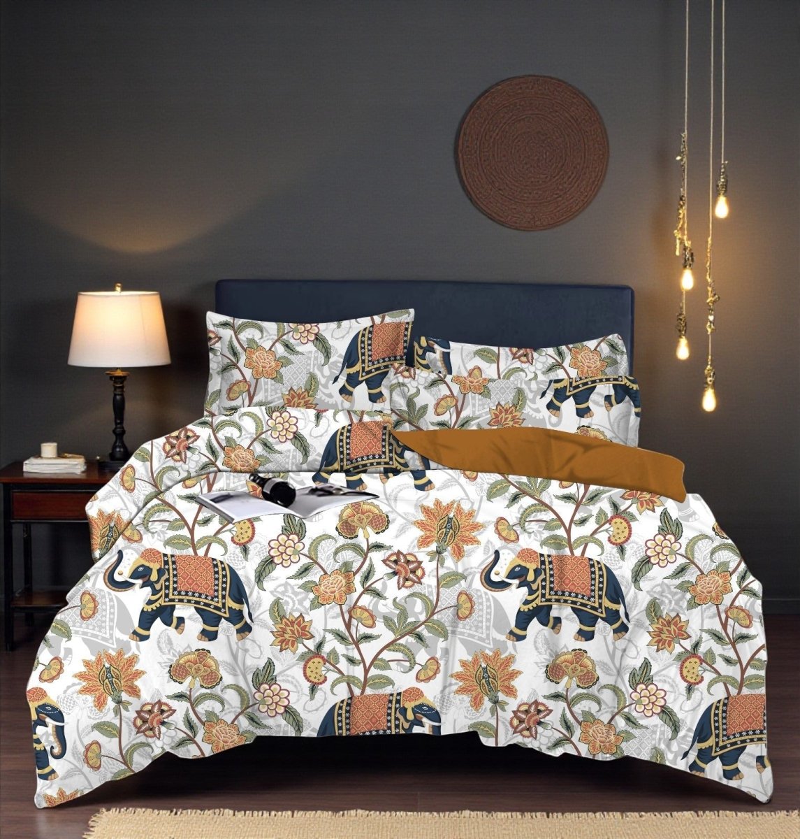 Prisello Super Soft Poly Cotton Fitted Bedsheet for King Size Bed 72x78x8 | Premium Elastic Bedsheet with Elephant & Floral Print - Prisello