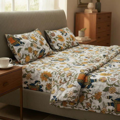 Prisello Super Soft Poly Cotton Fitted Bedsheet for King Size Bed 72x78x8 | Premium Elastic Bedsheet with Elephant & Floral Print - Prisello