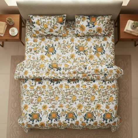 Prisello Super Soft Poly Cotton Fitted Bedsheet for King Size Bed 72x78x8 | Premium Elastic Bedsheet with Elephant & Floral Print - Prisello