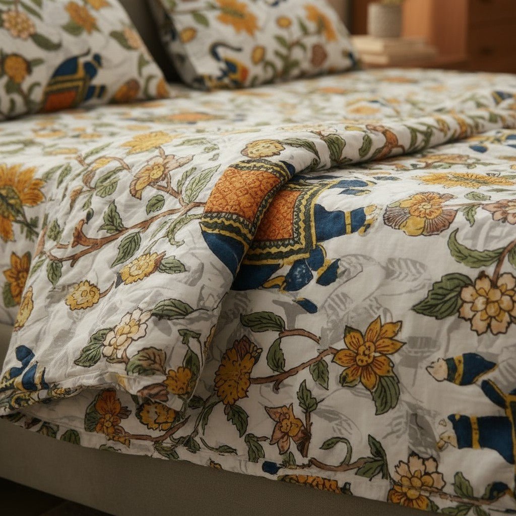 Prisello Super Soft Poly Cotton Fitted Bedsheet for King Size Bed 72x78x8 | Premium Elastic Bedsheet with Elephant & Floral Print - Prisello