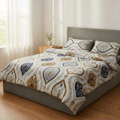 Prisello Super Soft Poly Cotton Fitted Bedsheet for King Size Bed 72x78x8 | Premium Elastic Fitted Bedsheet with Blue & Golden Royal Print Design - Prisello