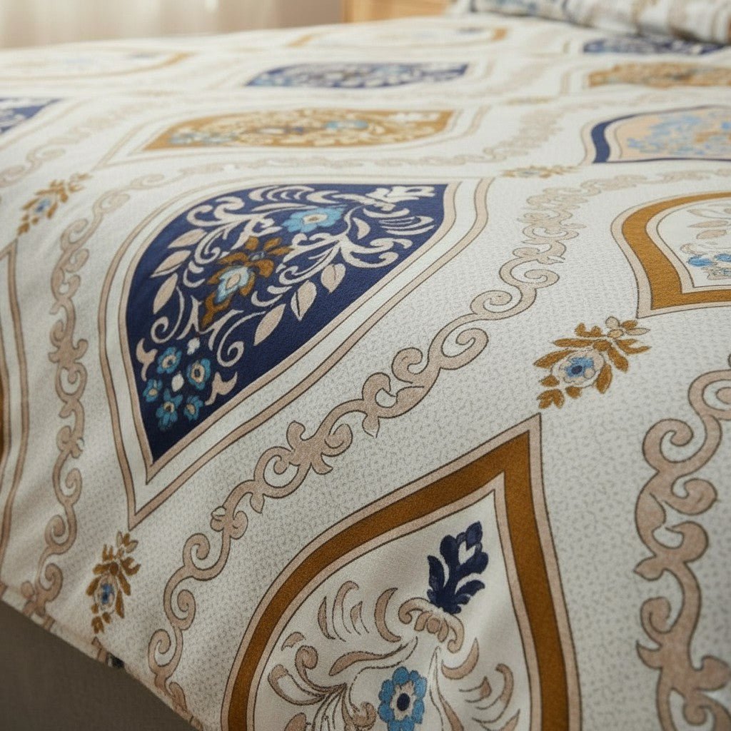 Prisello Super Soft Poly Cotton Fitted Bedsheet for King Size Bed 72x78x8 | Premium Elastic Fitted Bedsheet with Blue & Golden Royal Print Design - Prisello