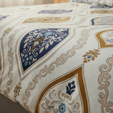 Prisello Super Soft Poly Cotton Fitted Bedsheet for King Size Bed 72x78x8 | Premium Elastic Fitted Bedsheet with Blue & Golden Royal Print Design - Prisello