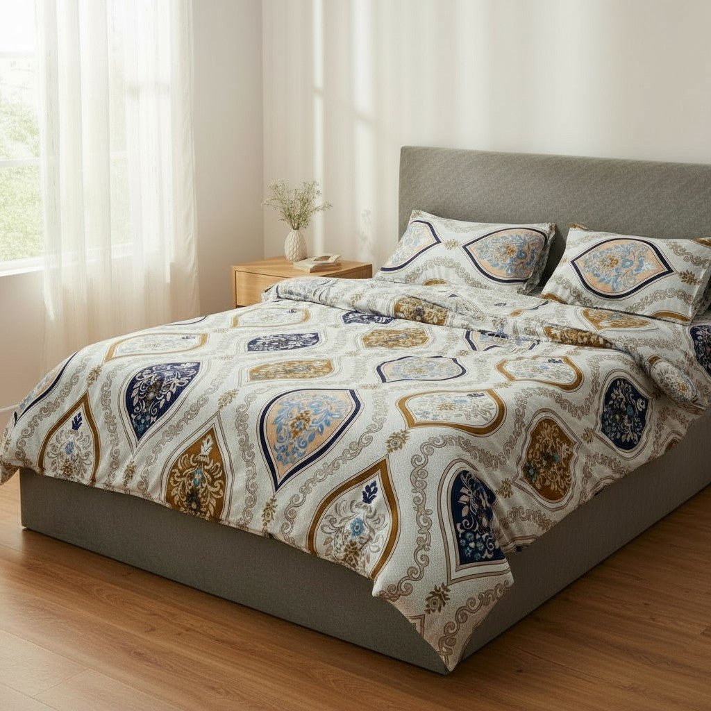 Prisello Super Soft Poly Cotton Fitted Bedsheet for King Size Bed 72x78x8 | Premium Elastic Fitted Bedsheet with Blue & Golden Royal Print Design - Prisello