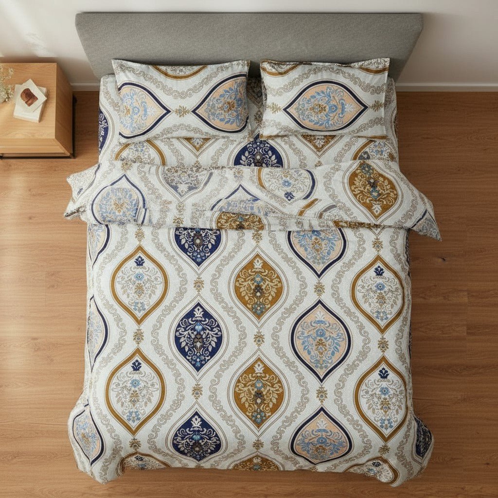 Prisello Super Soft Poly Cotton Fitted Bedsheet for King Size Bed 72x78x8 | Premium Elastic Fitted Bedsheet with Blue & Golden Royal Print Design - Prisello
