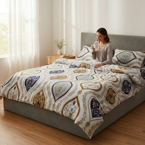 Prisello Super Soft Poly Cotton Fitted Bedsheet for King Size Bed 72x78x8 | Premium Elastic Fitted Bedsheet with Blue & Golden Royal Print Design - Prisello