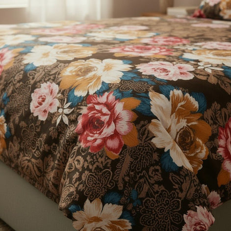 Prisello Super Soft Poly Cotton Fitted Bedsheet for King Size Bed 72x78x8 | Premium Elastic Fitted Bedsheet with Brown Floral Design - Prisello