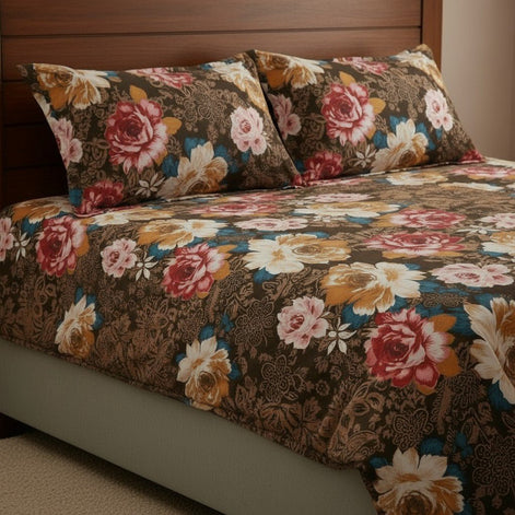 Prisello Super Soft Poly Cotton Fitted Bedsheet for King Size Bed 72x78x8 | Premium Elastic Fitted Bedsheet with Brown Floral Design - Prisello