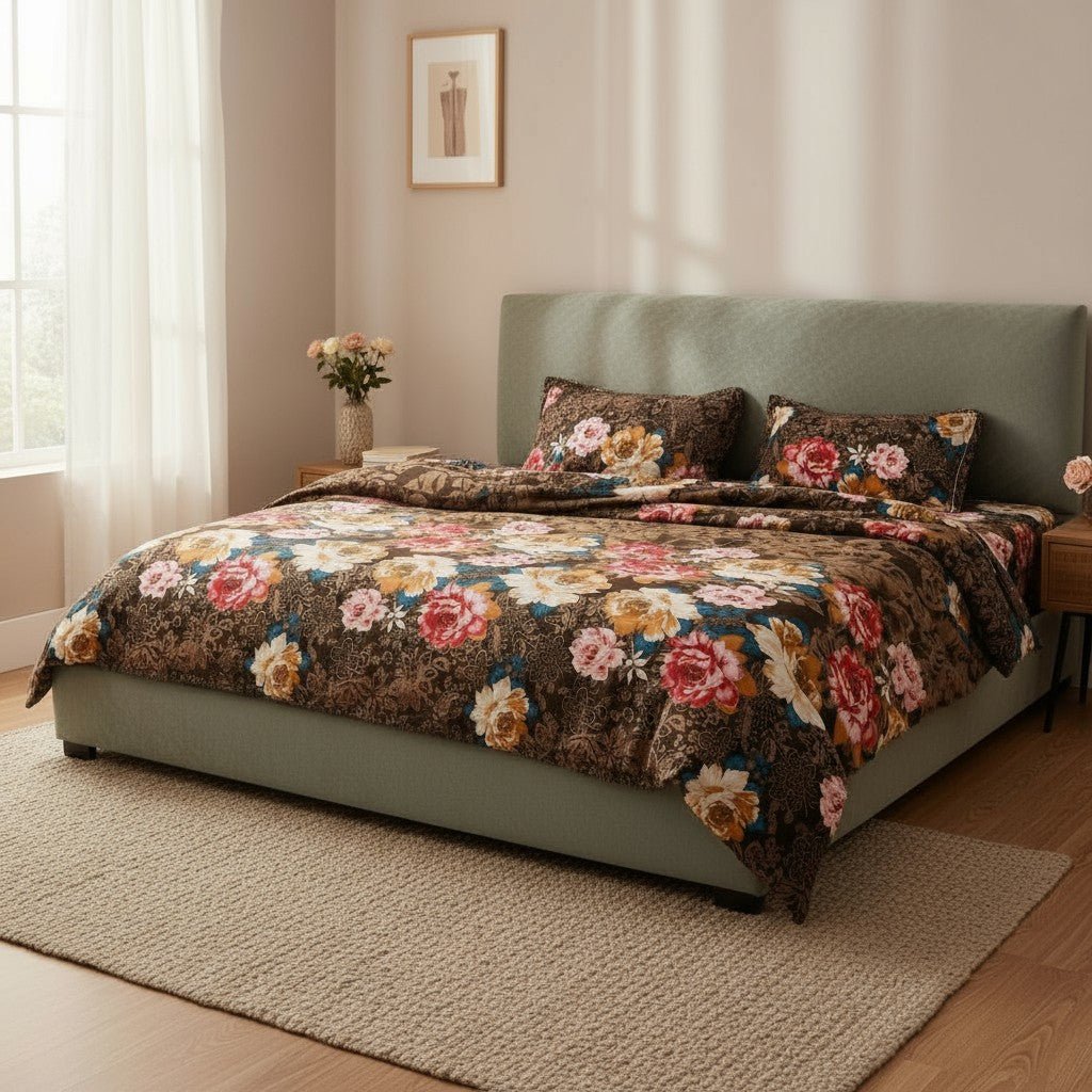 Prisello Super Soft Poly Cotton Fitted Bedsheet for King Size Bed 72x78x8 | Premium Elastic Fitted Bedsheet with Brown Floral Design - Prisello