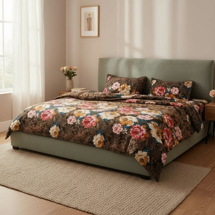 Prisello Super Soft Poly Cotton Fitted Bedsheet for King Size Bed 72x78x8 | Premium Elastic Fitted Bedsheet with Brown Floral Design - Prisello