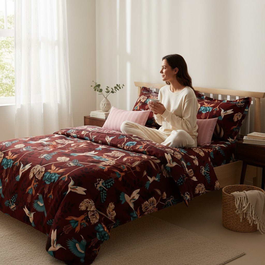 Prisello Super Soft Poly Cotton Fitted Bedsheet for King Size Bed 72x78x8 | Premium Elastic Fitted Bedsheet with Dark Floral & Bird Print - Prisello