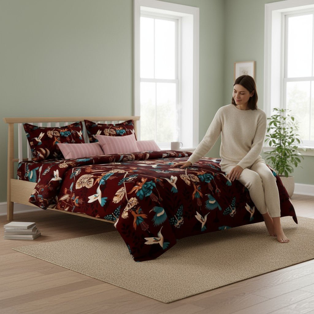 Prisello Super Soft Poly Cotton Fitted Bedsheet for King Size Bed 72x78x8 | Premium Elastic Fitted Bedsheet with Dark Floral & Bird Print - Prisello