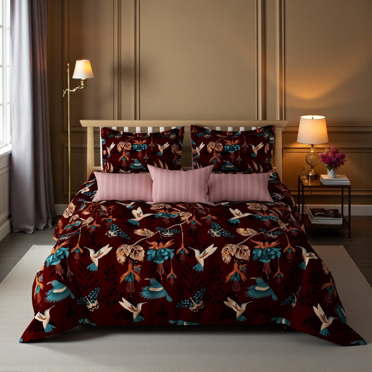 Prisello Super Soft Poly Cotton Fitted Bedsheet for King Size Bed 72x78x8 | Premium Elastic Fitted Bedsheet with Dark Floral & Bird Print - Prisello