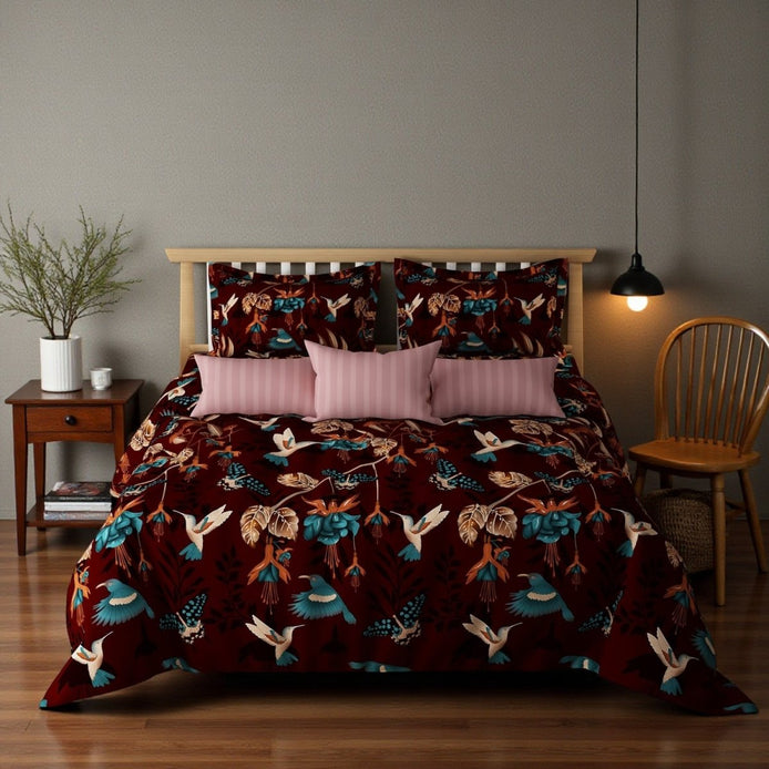 Prisello Super Soft Poly Cotton Fitted Bedsheet for King Size Bed 72x78x8 | Premium Elastic Fitted Bedsheet with Dark Floral & Bird Print - Prisello