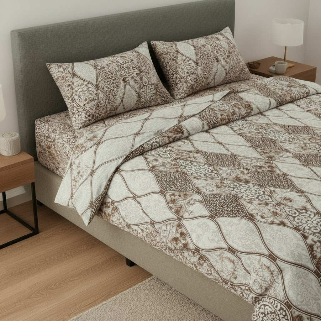 Prisello Super Soft Poly Cotton Fitted Bedsheet for King Size Bed 72x78x8 | Premium Elastic Fitted Bedsheet with Elegant Brown Diamond Pattern Design - Prisello