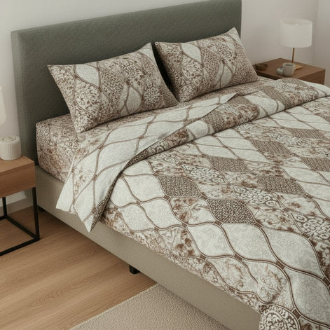 Prisello Super Soft Poly Cotton Fitted Bedsheet for King Size Bed 72x78x8 | Premium Elastic Fitted Bedsheet with Elegant Brown Diamond Pattern Design - Prisello