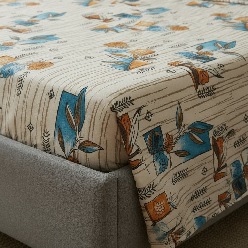 Prisello Super Soft Poly Cotton Fitted Bedsheet for King Size Bed 72x78x8 | Premium Elastic Fitted Bedsheet with Modern Leaf & Abstract Print - Prisello