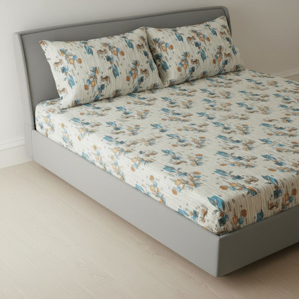 Prisello Super Soft Poly Cotton Fitted Bedsheet for King Size Bed 72x78x8 | Premium Elastic Fitted Bedsheet with Modern Leaf & Abstract Print - Prisello