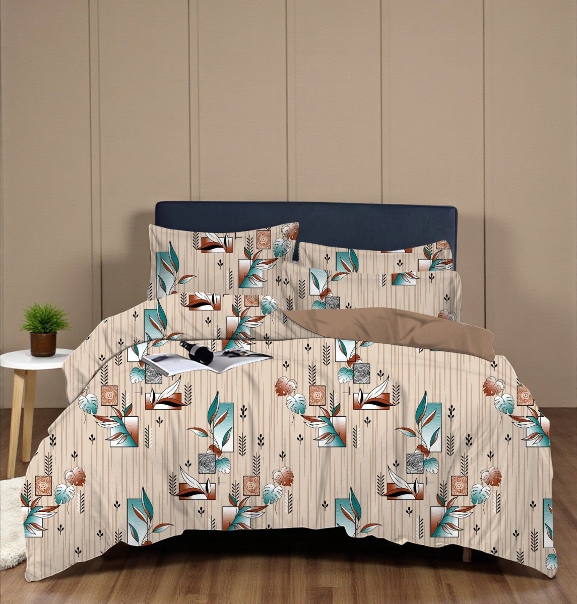 Prisello Super Soft Poly Cotton Fitted Bedsheet for King Size Bed 72x78x8 | Premium Elastic Fitted Bedsheet with Modern Leaf & Abstract Print - Prisello