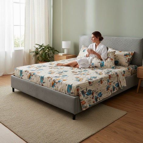 Prisello Super Soft Poly Cotton Fitted Bedsheet for King Size Bed 72x78x8 | Premium Elastic Fitted Bedsheet with Modern Leaf & Abstract Print - Prisello