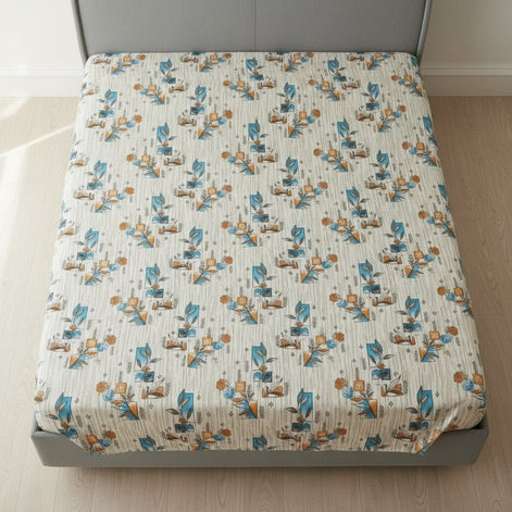 Prisello Super Soft Poly Cotton Fitted Bedsheet for King Size Bed 72x78x8 | Premium Elastic Fitted Bedsheet with Modern Leaf & Abstract Print - Prisello