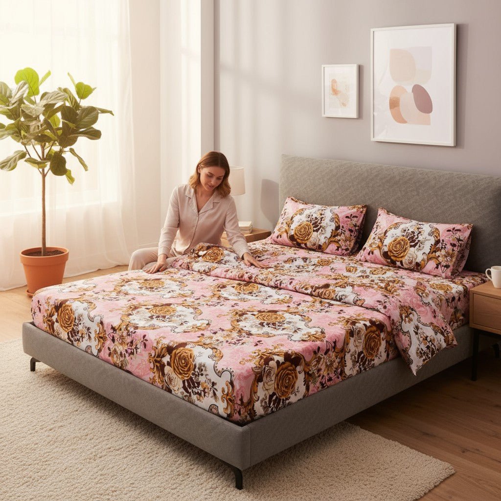 Prisello Super Soft Poly Cotton Fitted Bedsheet for King Size Bed 72x78x8 | Premium Elastic Fitted Bedsheet with Pink Floral Print Design - Prisello