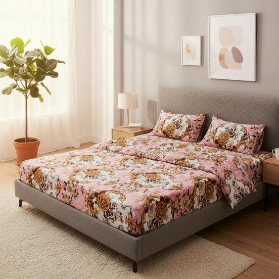 Prisello Super Soft Poly Cotton Fitted Bedsheet for King Size Bed 72x78x8 | Premium Elastic Fitted Bedsheet with Pink Floral Print Design - Prisello