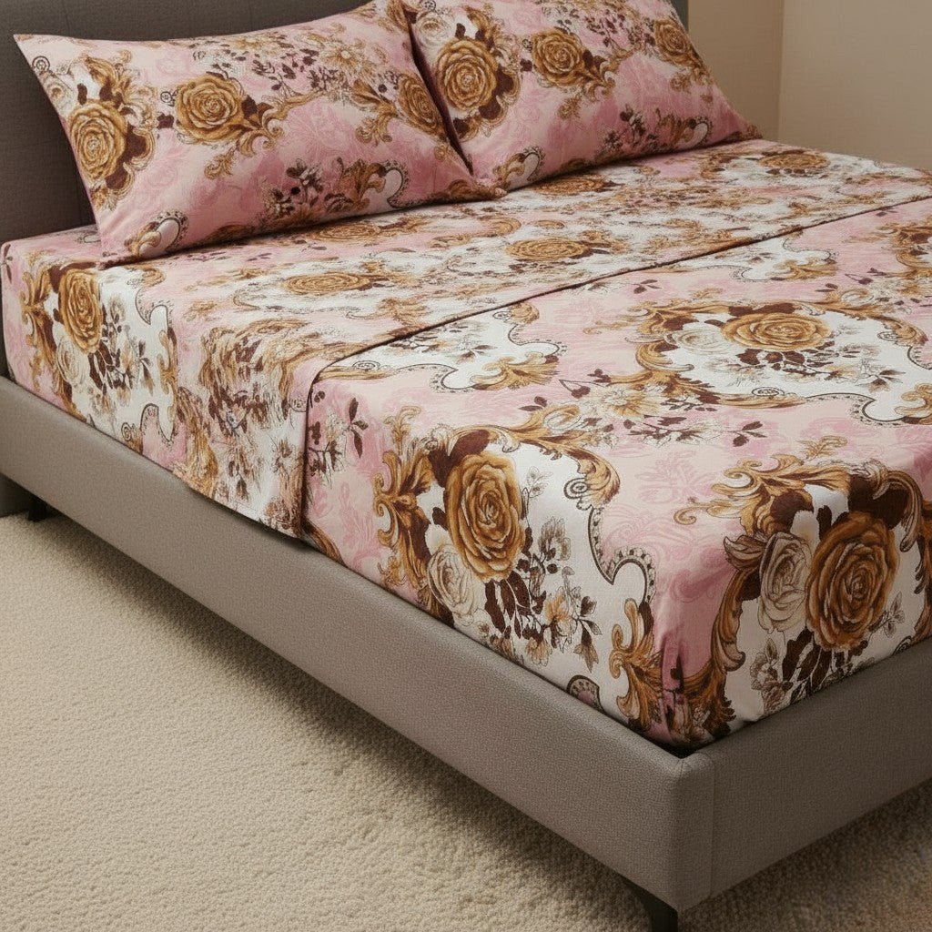 Prisello Super Soft Poly Cotton Fitted Bedsheet for King Size Bed 72x78x8 | Premium Elastic Fitted Bedsheet with Pink Floral Print Design - Prisello