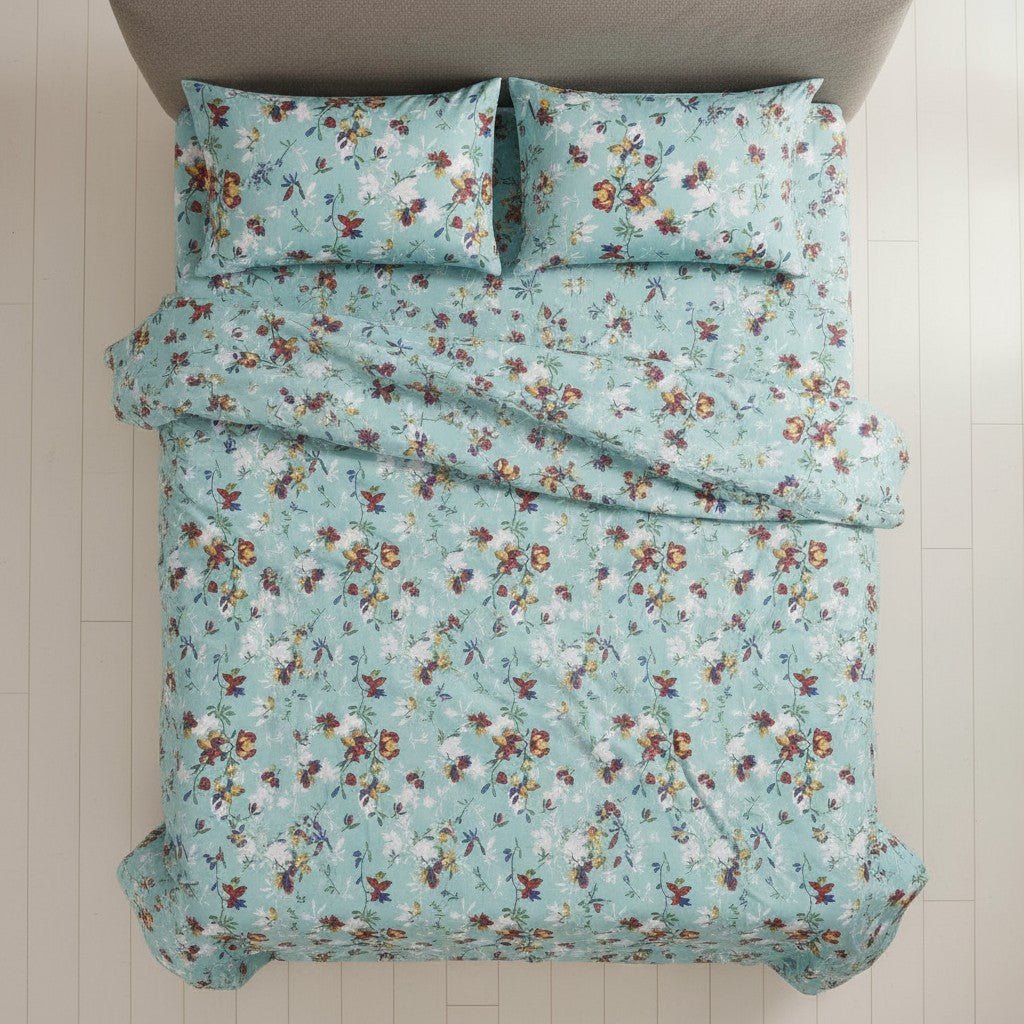 Prisello Super Soft Poly Cotton Fitted Bedsheet for King Size Bed 72x78x8 | Premium Elastic Fitted Bedsheet with Sky Blue Floral Print Design - Prisello