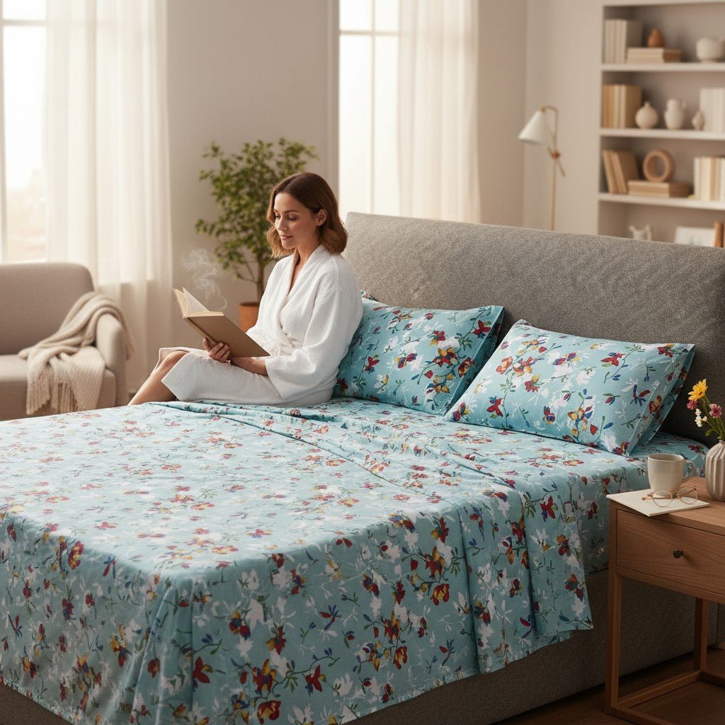 Prisello Super Soft Poly Cotton Fitted Bedsheet for King Size Bed 72x78x8 | Premium Elastic Fitted Bedsheet with Sky Blue Floral Print Design - Prisello