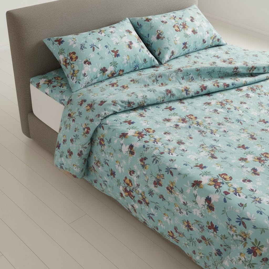Prisello Super Soft Poly Cotton Fitted Bedsheet for King Size Bed 72x78x8 | Premium Elastic Fitted Bedsheet with Sky Blue Floral Print Design - Prisello