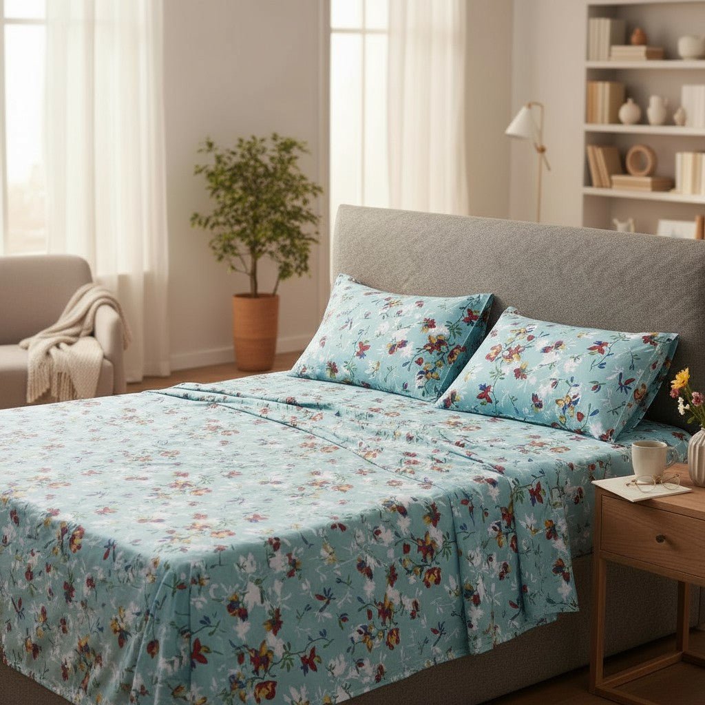 Prisello Super Soft Poly Cotton Fitted Bedsheet for King Size Bed 72x78x8 | Premium Elastic Fitted Bedsheet with Sky Blue Floral Print Design - Prisello