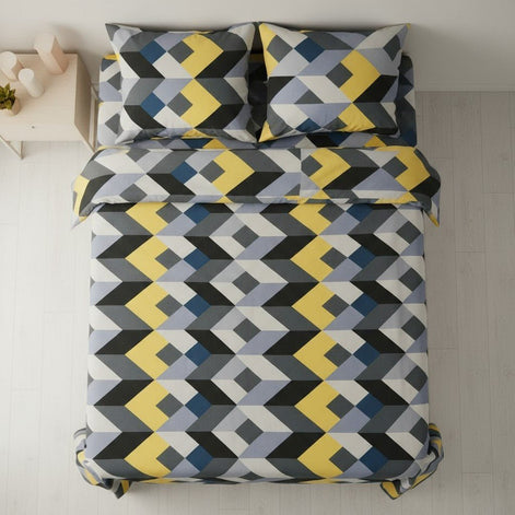 Prisello Super Soft Poly Cotton Fitted Bedsheet for King Size Bed 72x78x8 | Premium Elastic Fitted Bedsheet with Yellow & Grey Geometric Print Design - Prisello