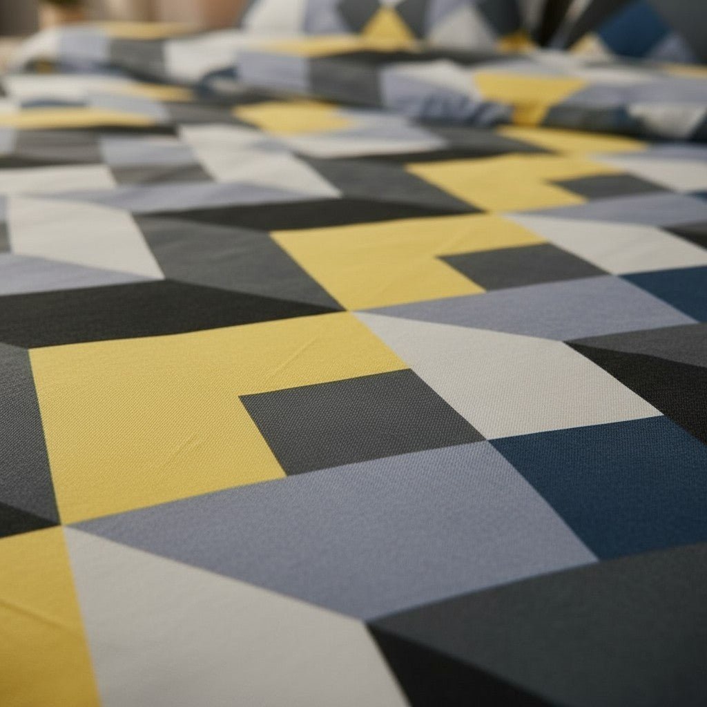 Prisello Super Soft Poly Cotton Fitted Bedsheet for King Size Bed 72x78x8 | Premium Elastic Fitted Bedsheet with Yellow & Grey Geometric Print Design - Prisello