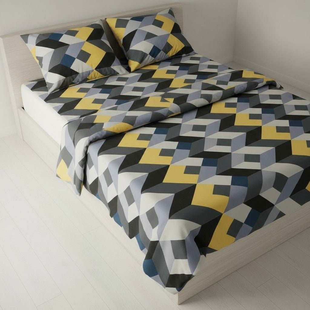 Prisello Super Soft Poly Cotton Fitted Bedsheet for King Size Bed 72x78x8 | Premium Elastic Fitted Bedsheet with Yellow & Grey Geometric Print Design - Prisello