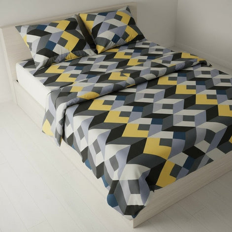 Prisello Super Soft Poly Cotton Fitted Bedsheet for King Size Bed 72x78x8 | Premium Elastic Fitted Bedsheet with Yellow & Grey Geometric Print Design - Prisello