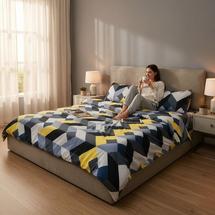 Prisello Super Soft Poly Cotton Fitted Bedsheet for King Size Bed 72x78x8 | Premium Elastic Fitted Bedsheet with Yellow & Grey Geometric Print Design - Prisello