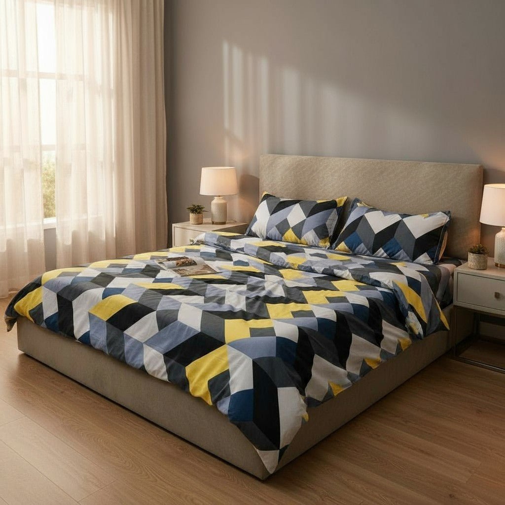 Prisello Super Soft Poly Cotton Fitted Bedsheet for King Size Bed 72x78x8 | Premium Elastic Fitted Bedsheet with Yellow & Grey Geometric Print Design - Prisello