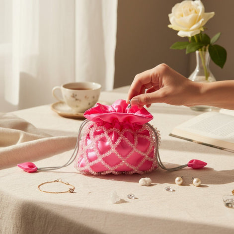 Rose Glow Pearl Potli Bag – Handcrafted Pink Designer Handbag for Women - Prisello